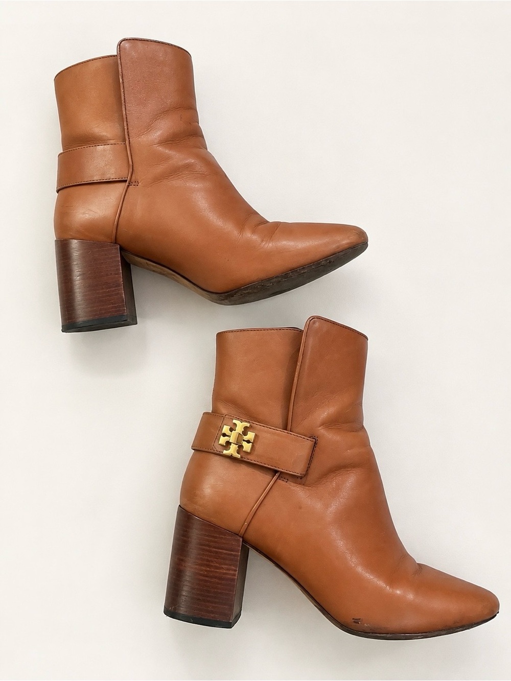 Tory Burch Cognac Leather Block Heel Ankle Boots